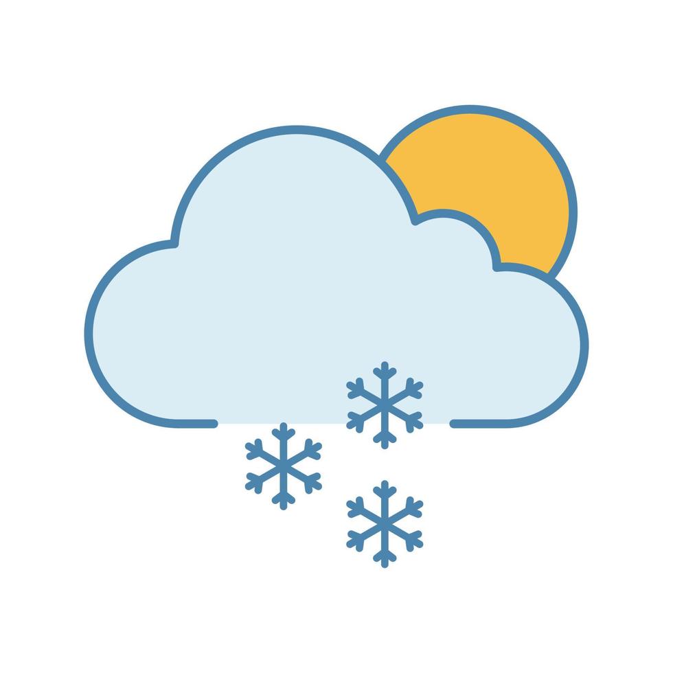 Scattered snow color icon. Snowy. Light snow. Partly cloudy. Winter weather. Cloud, snowflake and sun. Weather forecast. Isolated vector illustration