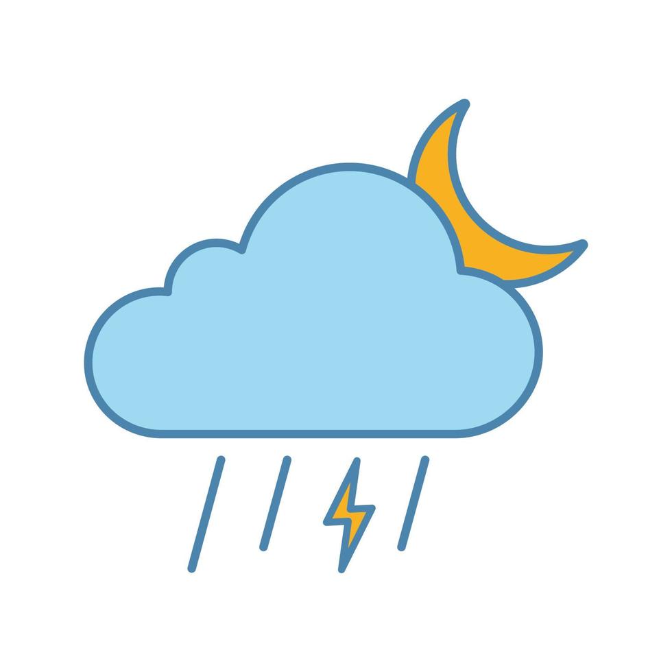 Night thunderstorm color icon. Thunder storm. Lightning storm. Stormy. Cloud, lightning, rain and moon. Weather forecast. Isolated vector illustration
