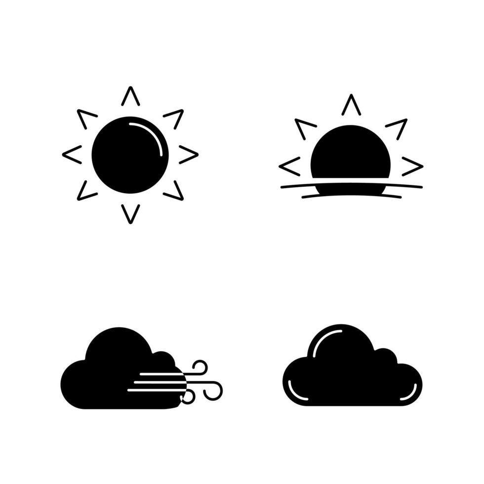 Weather forecast glyph icons set. Sun, sunrise, sunset, cloudy and windy weather, cloud. Silhouette symbols. Vector isolated illustration