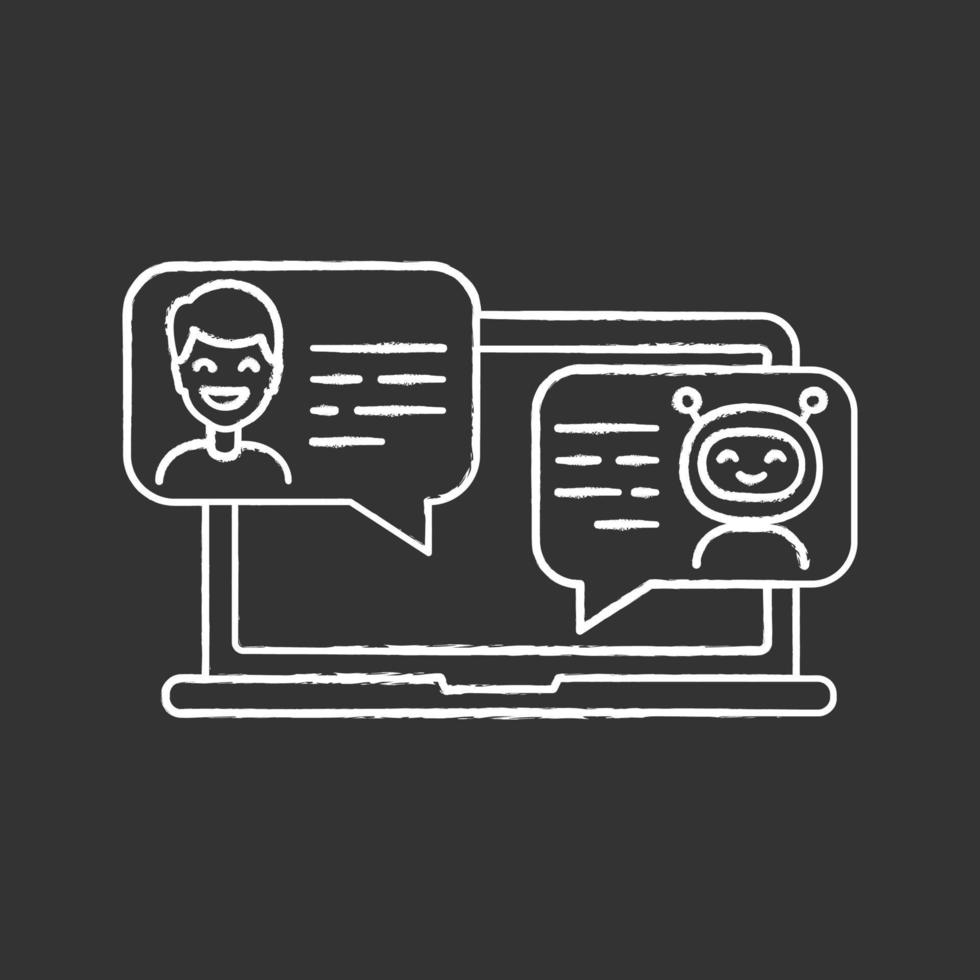Support chatbot chalk icon. Messenger bot. Virtual assistant. Modern robot. Man chatting with bot on laptop. Isolated vector chalkboard illustration