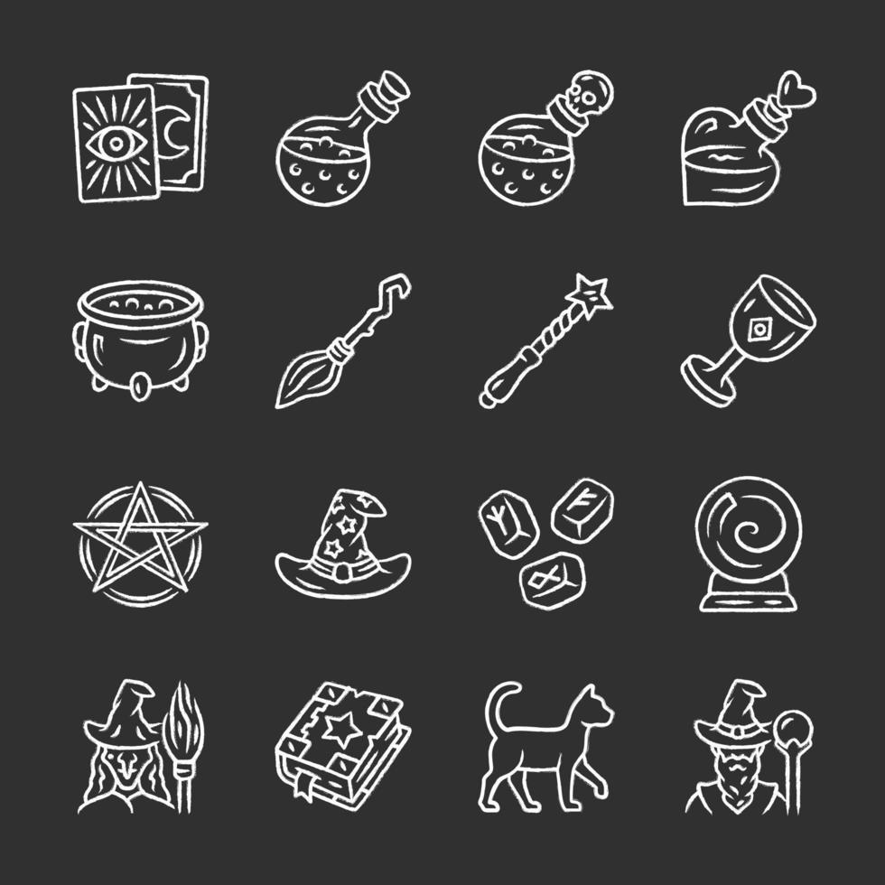 Magic chalk icons set. Witchcraft, sorcery Halloween items. Occult, gypsy mystic rituals tools. Fortune telling, divination. Superstitions future predictions vector