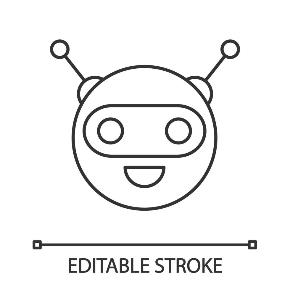 Chatbot linear icon. Thin line illustration. Circle head laughing chat bot. Modern robot. Virtual assistant. Conversational agent. Contour symbol. Vector isolated outline drawing. Editable stroke