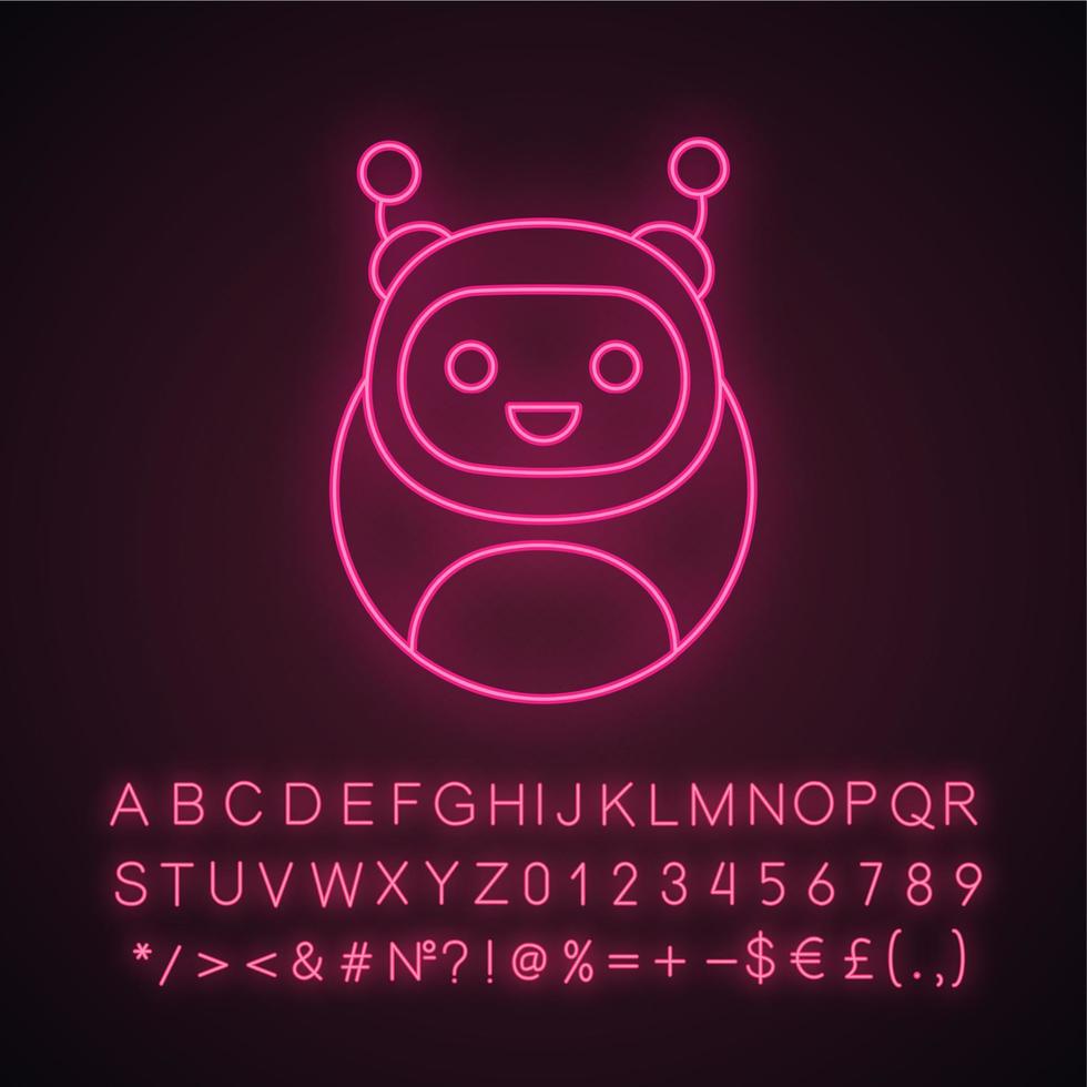 Chatbot neon light icon. Modern robot. Talkbot. Online helper. Virtual assistant. Digital service support. Glowing sign with alphabet, numbers and symbols. Vector isolated illustration