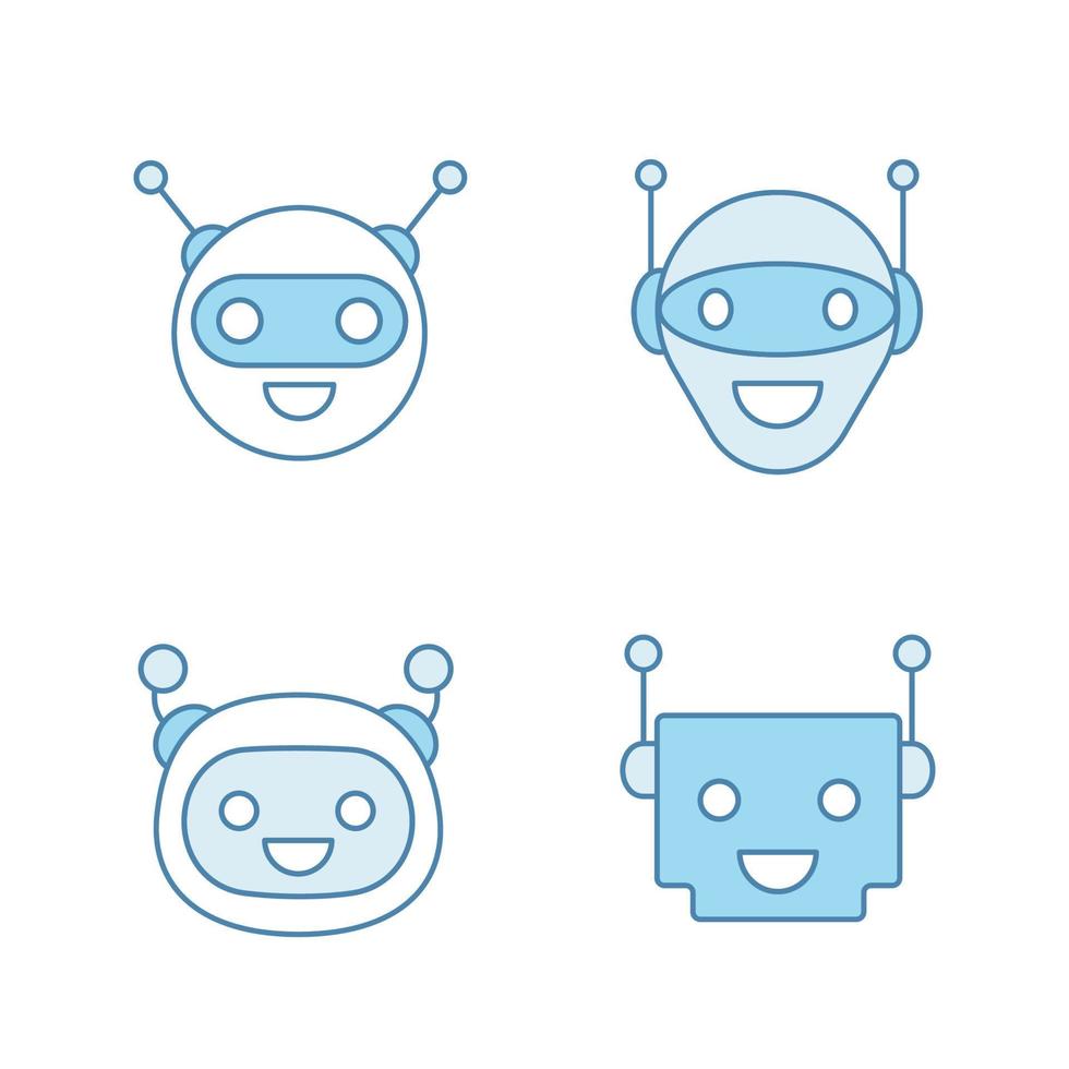 Chatbots color icons set. Talkbots. Laughing virtual assistants collection. Conversational agents. Modern robots. Isolated vector illustrations
