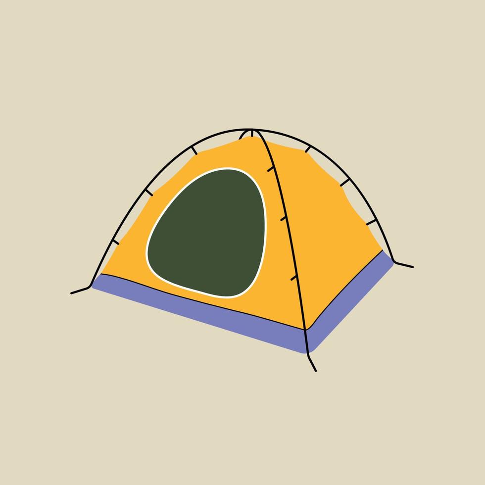 Camping equipment, yellow tent in modern flat line style. Hand drawn vector illustration of leisure, weekend, vacation, travel, adventure, trip cartoon design. Vintage patch, badge, emblem