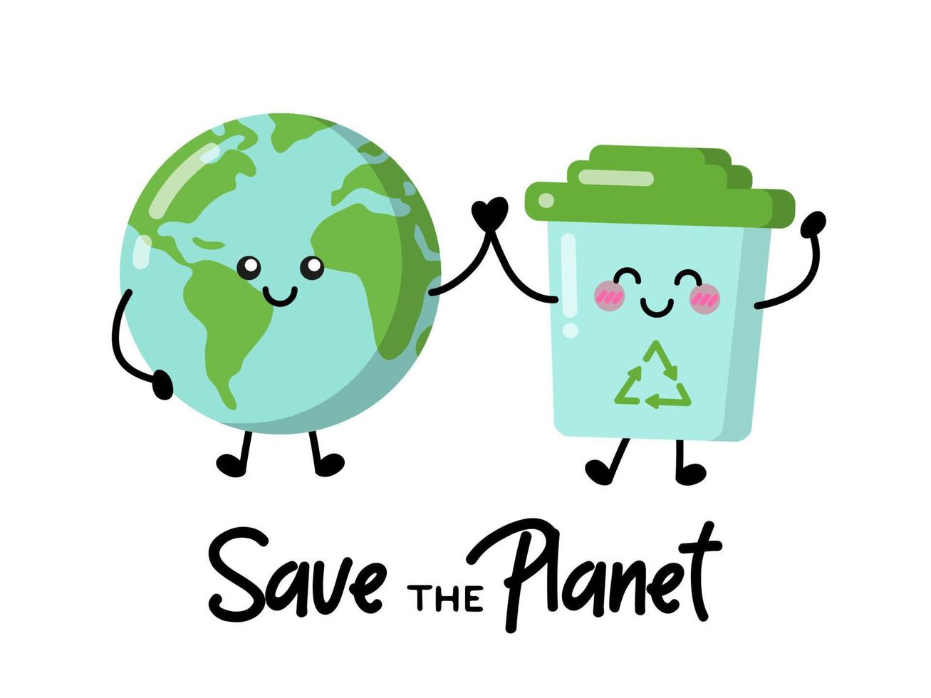 Earth planet and trash bin for patches, badges, stickers, posters. Cute eco funny cartoon character icon in asian japanese kawaii style. Vector ecology, recycling, environment doodles with typography