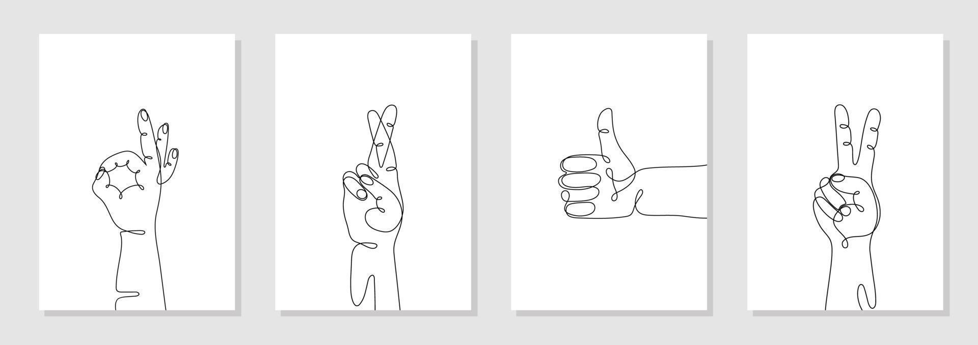 Single line drawn hand gestures set,  minimalistic human hands with like sign, OK, two, cross fingers. Dynamic continuous one line graphic vector