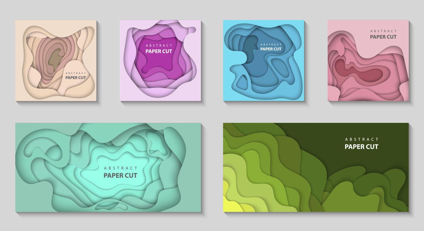 Vector set of 6 backgrounds with dradient colors paper cut shapes. 3D abstract paper style, design layout for business presentations, flyers, posters, prints, decoration, cards, brochure cover.