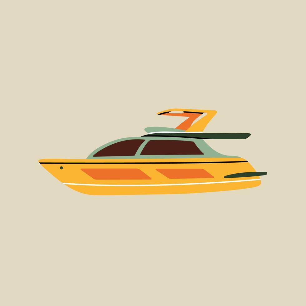 yate de motor, embarcación, barco, elemento de barco en estilo moderno de línea plana. ilustración vectorial dibujada a mano de verano, vacaciones, viaje, viaje, diseño de dibujos animados de viaje. parche vintage, insignia, emblema, decoración vector