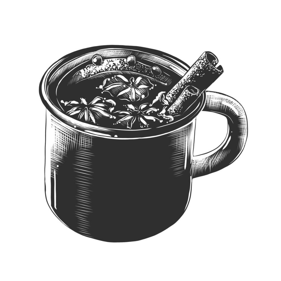 ilustración de estilo grabado vectorial para carteles, decoración e impresión. boceto dibujado a mano de taza de vino caliente en monocromo aislado sobre fondo blanco. dibujo detallado de estilo vintage grabado en madera. vector