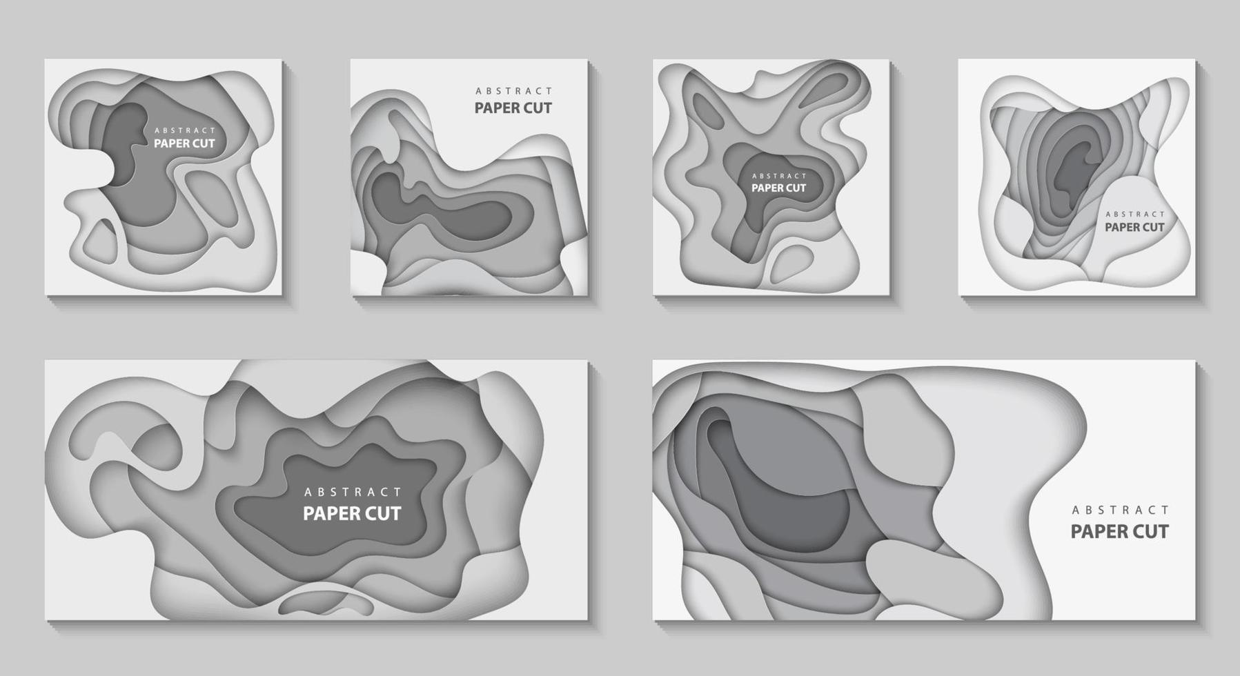 Vector set of 6 backgrounds with white and gray color paper cut shapes. 3D abstract paper style, design layout for business presentations, flyers, posters, prints, decoration, cards, brochure cover.