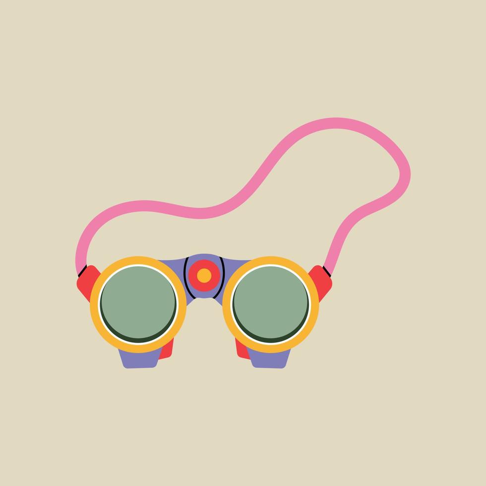 binoculares, elementos de arte de clip de lentes en estilo moderno de línea plana. ilustración vectorial dibujada a mano de búsqueda, visión, vista, espionaje, ocio, vacaciones, viajes, diseño de dibujos animados de viaje. parche vintage, logotipo vector