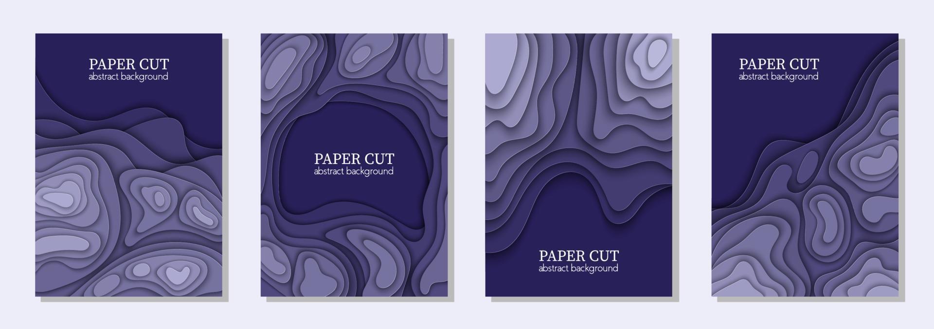 Vertical vector set of 4 purple blue flyers with paper cut waves shapes. 3D abstract paper art, design layout for business presentations, flyers, posters, prints, decoration, cards, brochure cover.