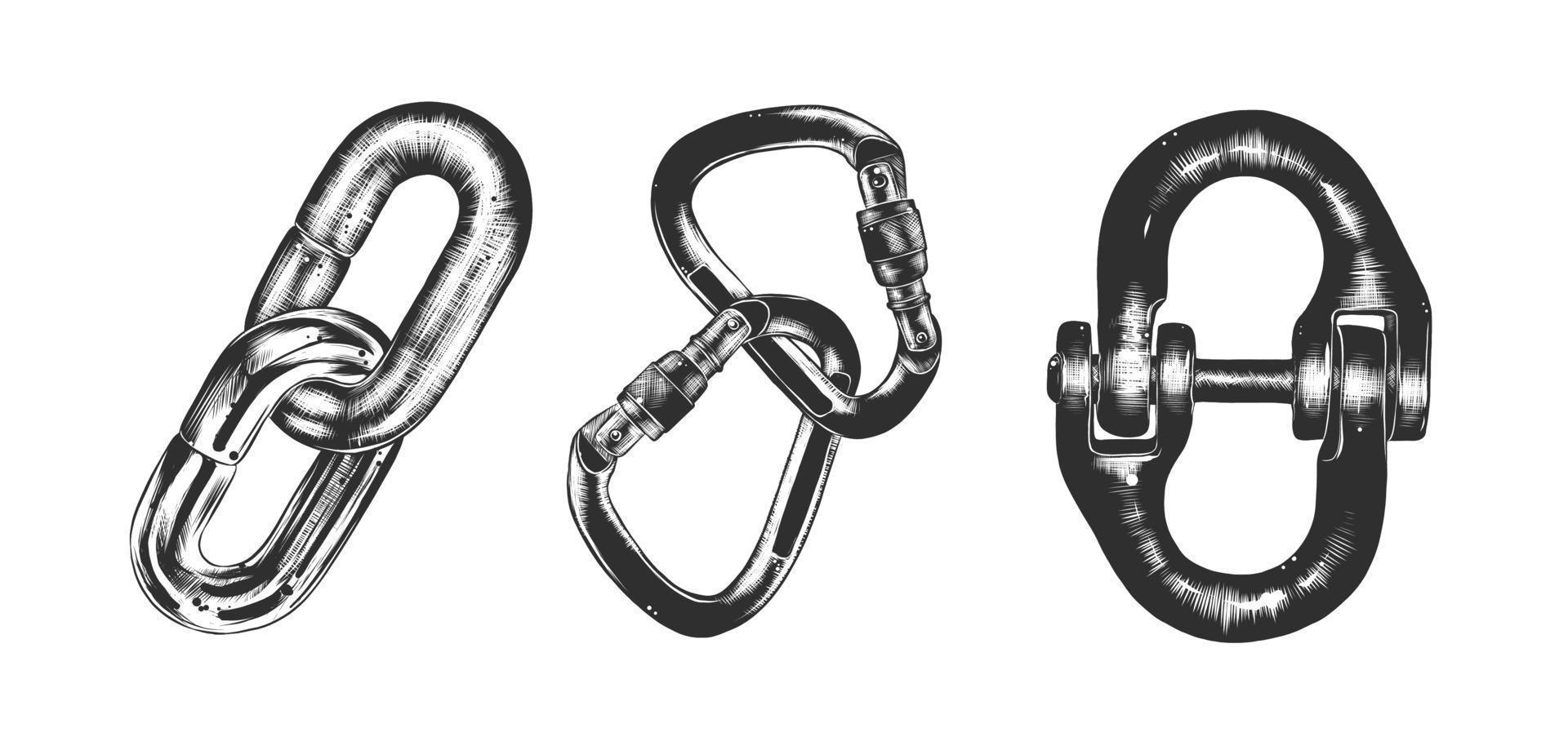 Vector set of engraved style illustration for posters, decoration and print. Hand drawn sketch of block chain in monochrome isolated on white background. Detailed vintage woodcut style drawing.
