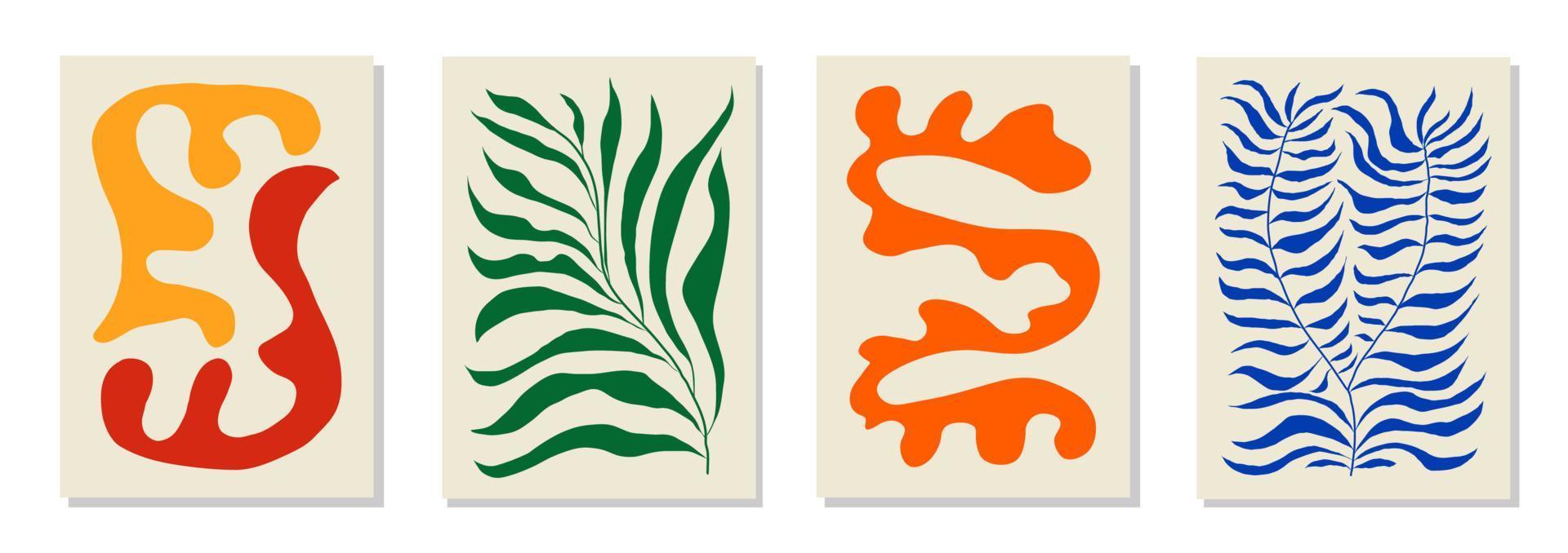 Set of 4 Matisse inspired wall art posters, brochure, flyer templates, contemporary collage. Organic line abstract pattern, hand drawn design, simple wallpaper. Dynamic shapes graphic vintage vector