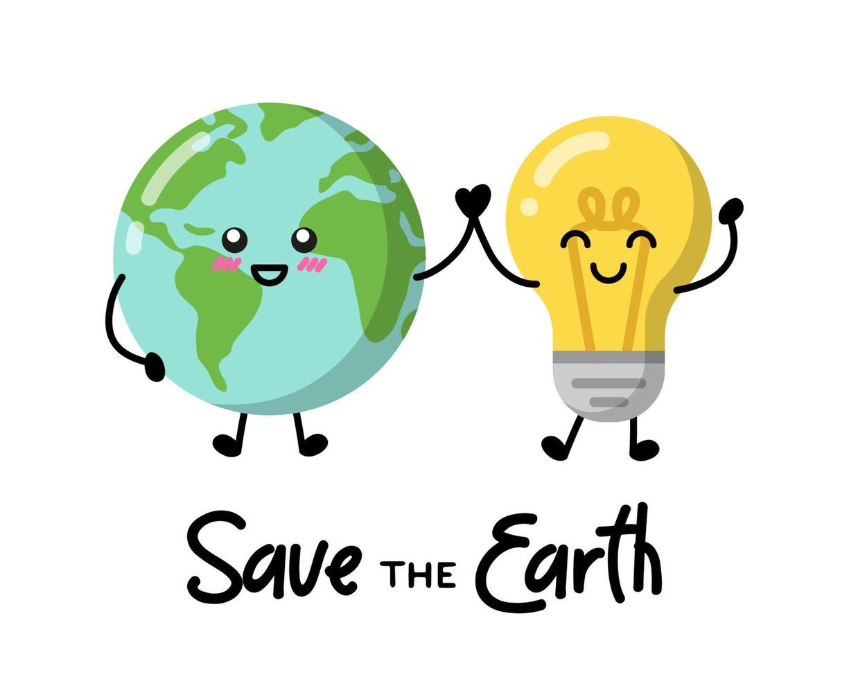 Earth planet and lamp bulb for patches, badges, stickers, posters. Cute eco funny cartoon character icon in asian japanese kawaii style. Vector ecology, environment, renewable energy typography quote