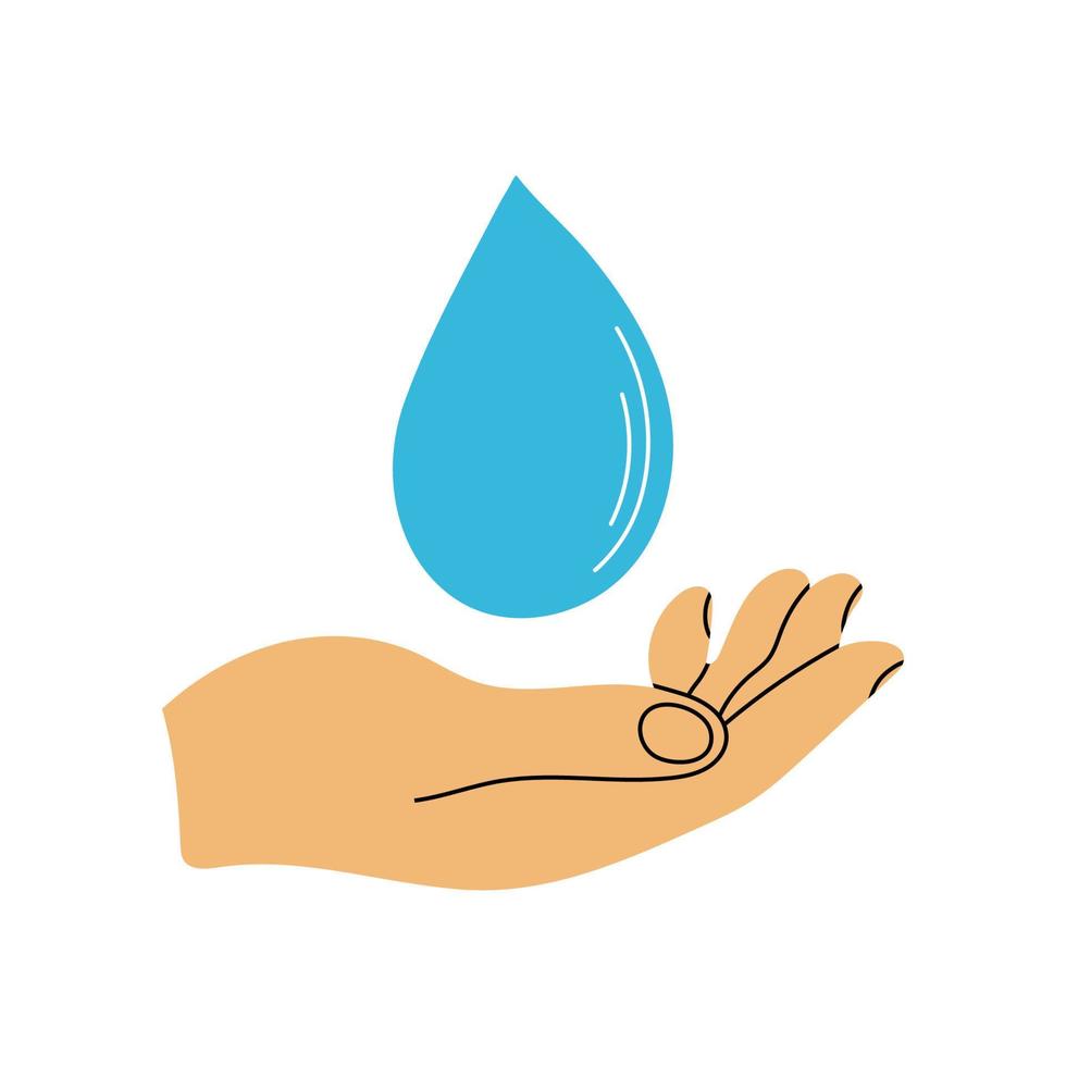 Human hand holding water drop clipart in flat line modern style with phrase Save Water concept. Ecology, recycle, environment concept. Hand drawn vector illustration for poster, banner, wall art.