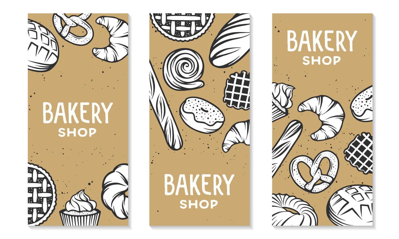 conjunto de elementos grabados de panadería. diseño tipográfico con pan, pastelería, pastel, bollos, dulces, quequitos. colección de plantilla de banner vertical de diseño gráfico lineal moderno. Pasteleria. vector