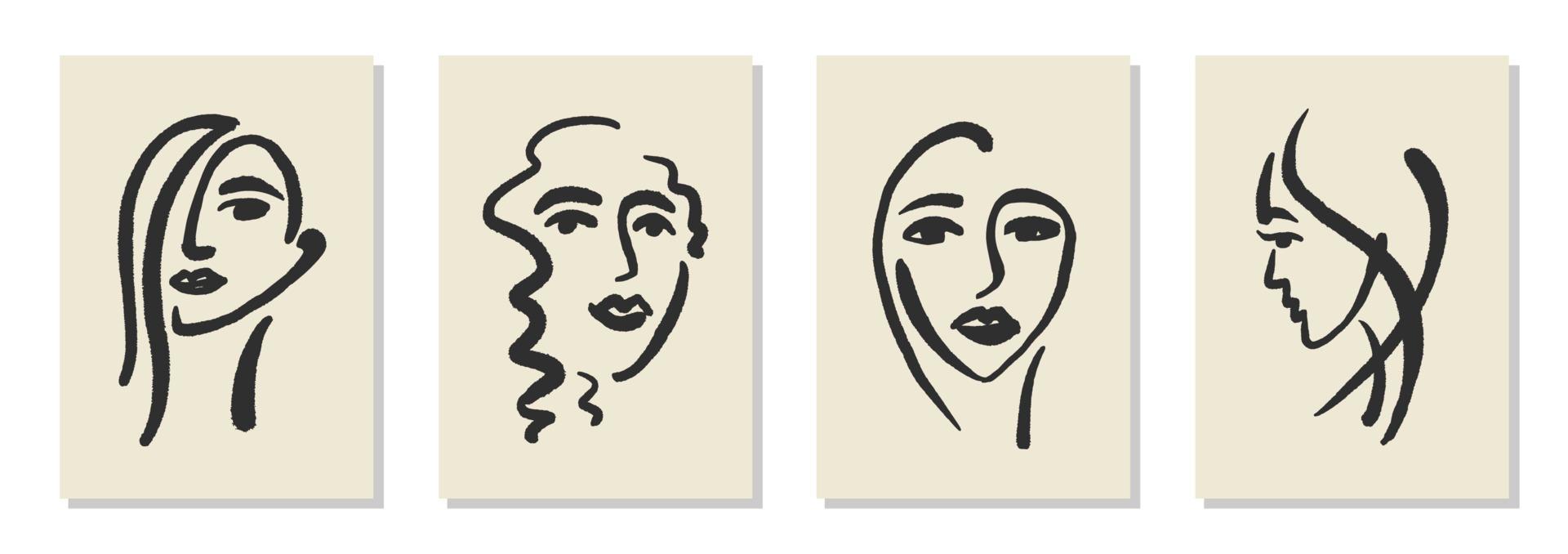 Set of 4 Matisse inspired wall art posters, brochure, flyer templates, contemporary collage. Organic line female face  brush line art, hand drawn simple wallpaper. Shapes graphic vintage vector