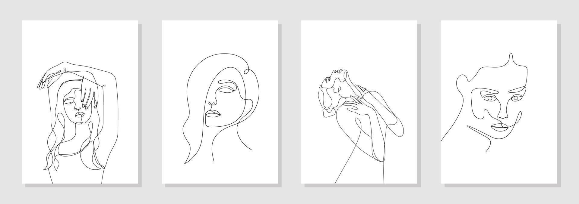 Set of 4 wall art posters. Single line drawn young woman figure, body, beauty face, minimalistic. Dynamic continuous one line graphic vector design isolated on white.