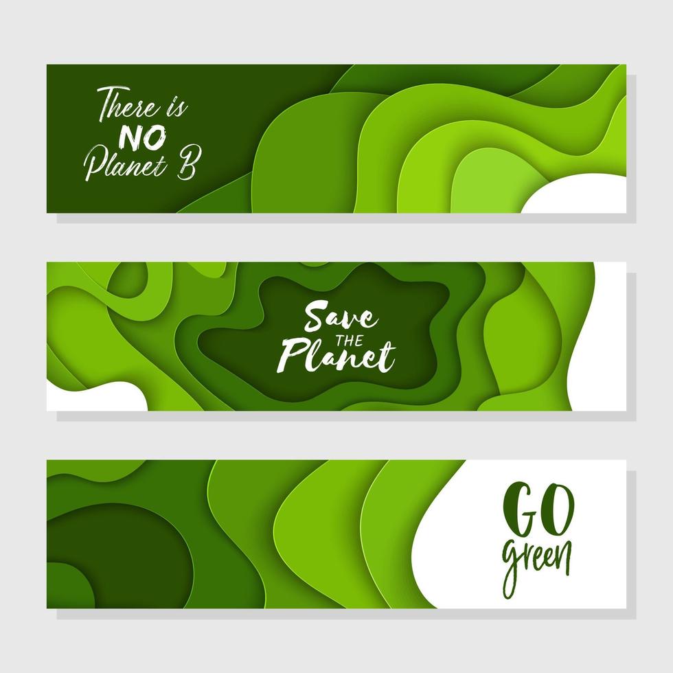 Set of 3 Earth Day abstract graphic organic paper cut. Dynamical waves, fluid shapes. Green horizontal banners with flowing lines. Template for the design for cover or presentation eco typography. vector