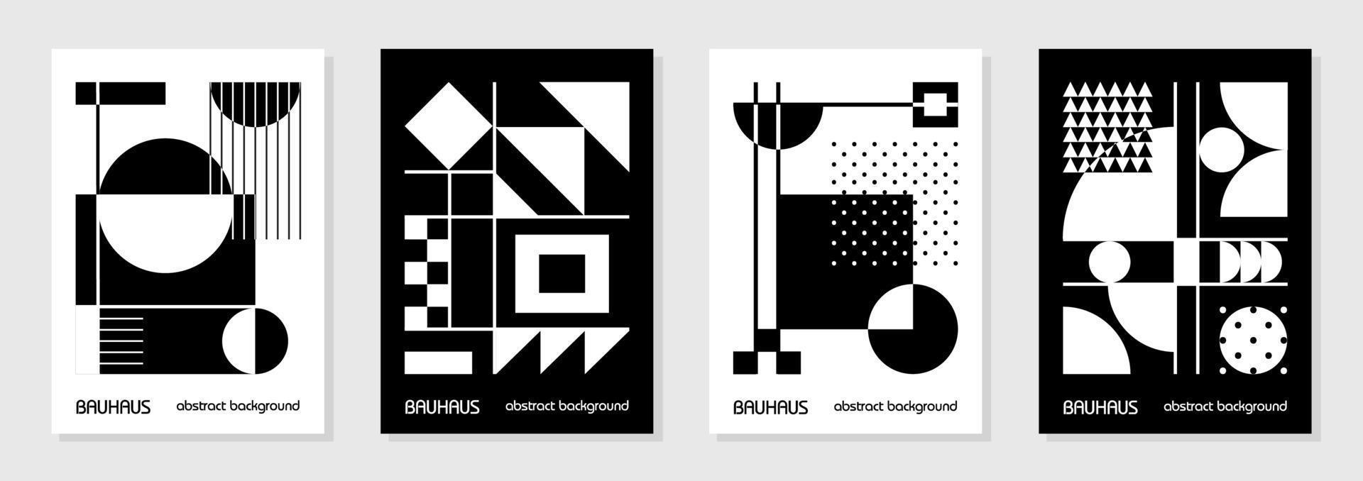 Set of 4 minimal vintage 20s geometric design posters, wall art, template, layout with primitive shapes elements. Bauhaus retro pattern background, vector abstract circle, triangle and square line art