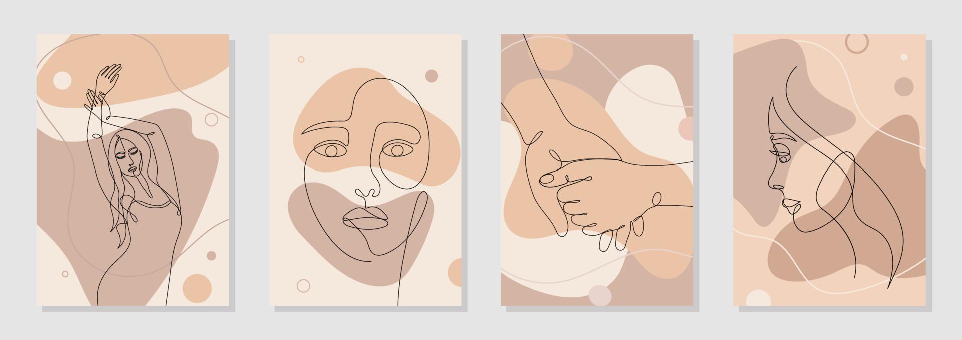 Set of 4 wall art posters. Single line drawn young woman figure, body, beauty face, hands showing love, romantic, minimalistic. Dynamic continuous one line graphic vector design isolated on white.