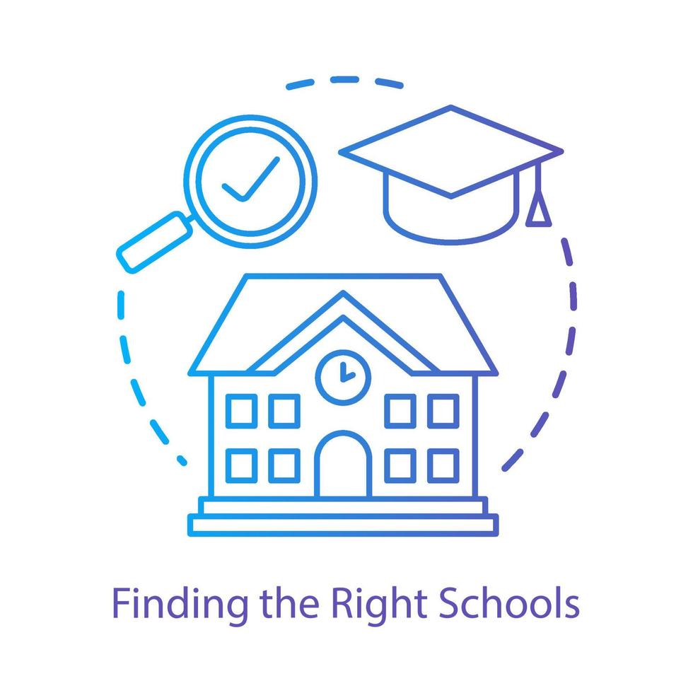 Searching for good schools concept icon. Choosing educational institutions location idea thin line illustration. Finding school, college selection. Vector isolated outline drawing. Editable stroke..