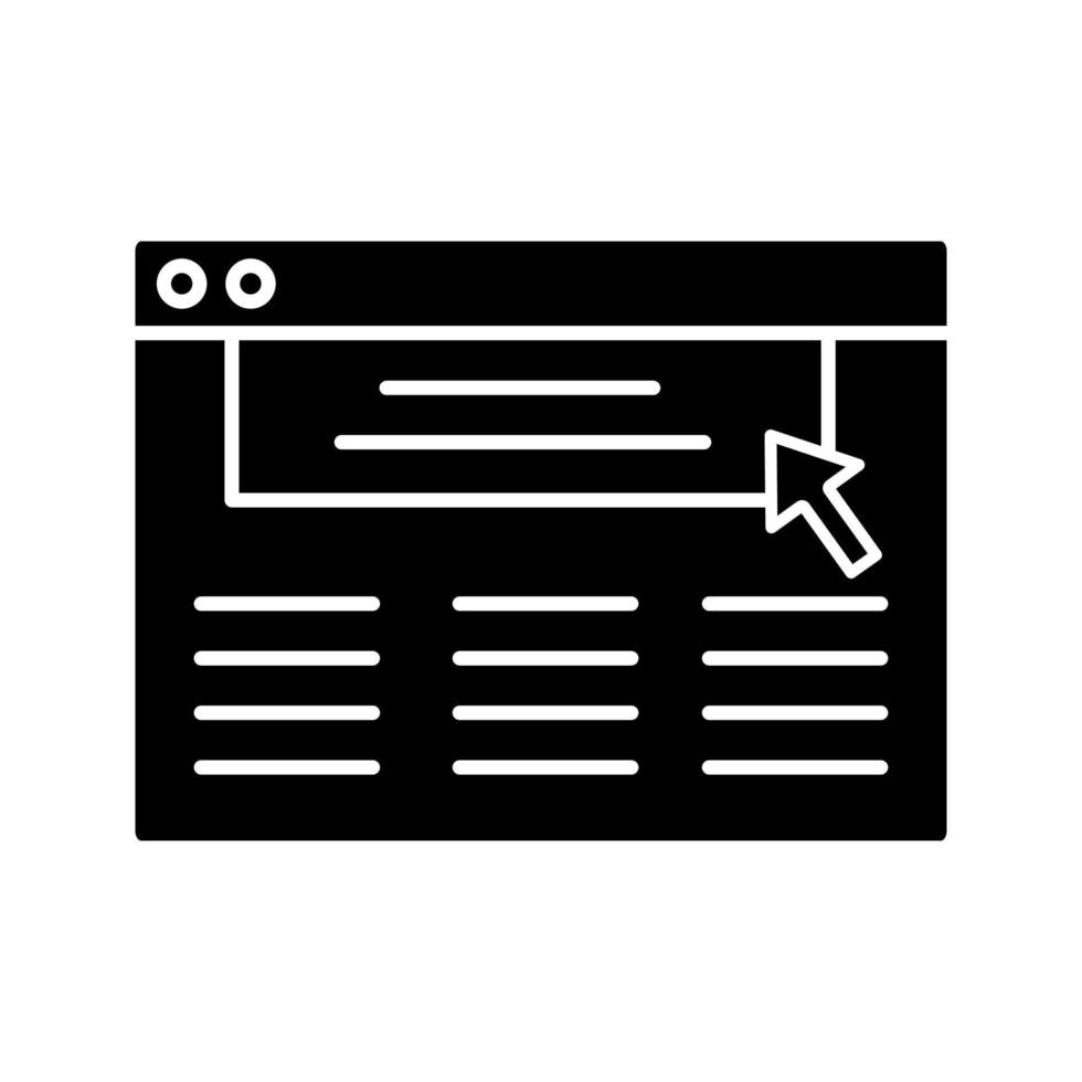 Internet marketing glyph icon. Website, webpage. Display ads clicking. Contextual advertising. Online marketing. Internet surfing. Silhouette symbol. Negative space. Vector isolated illustration