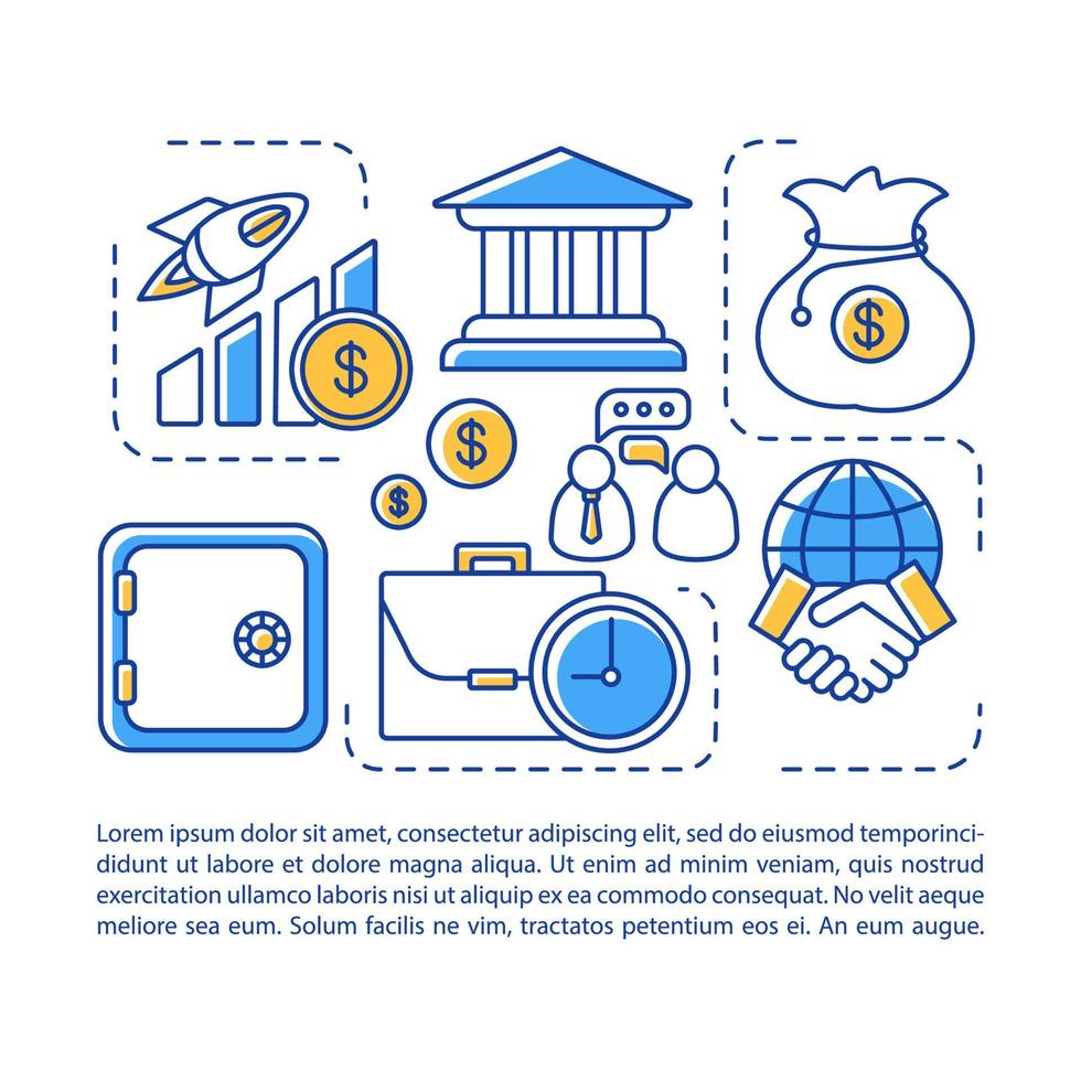 Financial services industry article page vector template. Brochure, magazine, booklet design element with linear icons and text boxes. Print design. Concept illustrations with text space