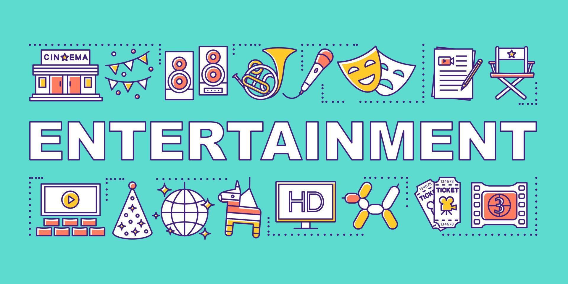 Entertainment word concepts banner. Show business. Organization of leisure and holidays. Presentation, website. Isolated lettering typography idea with linear icons. Vector outline illustration