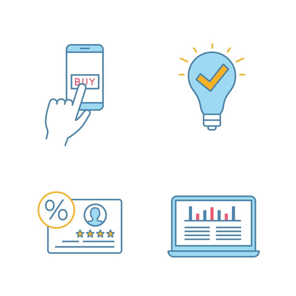 Customer retention and loyalty color icons set. Online payment, approved idea, reviews and feedback, web traffic analytics. Isolated vector illustrations