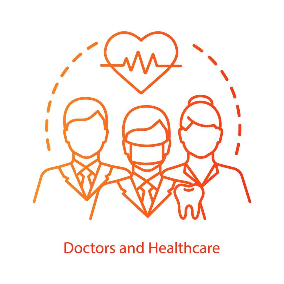 Healthcare system workers concept icon. Doctors, cardiologists, dentists in uniform idea thin line illustration. Medicine, health monitoring. Vector isolated outline drawing. Editable stroke..