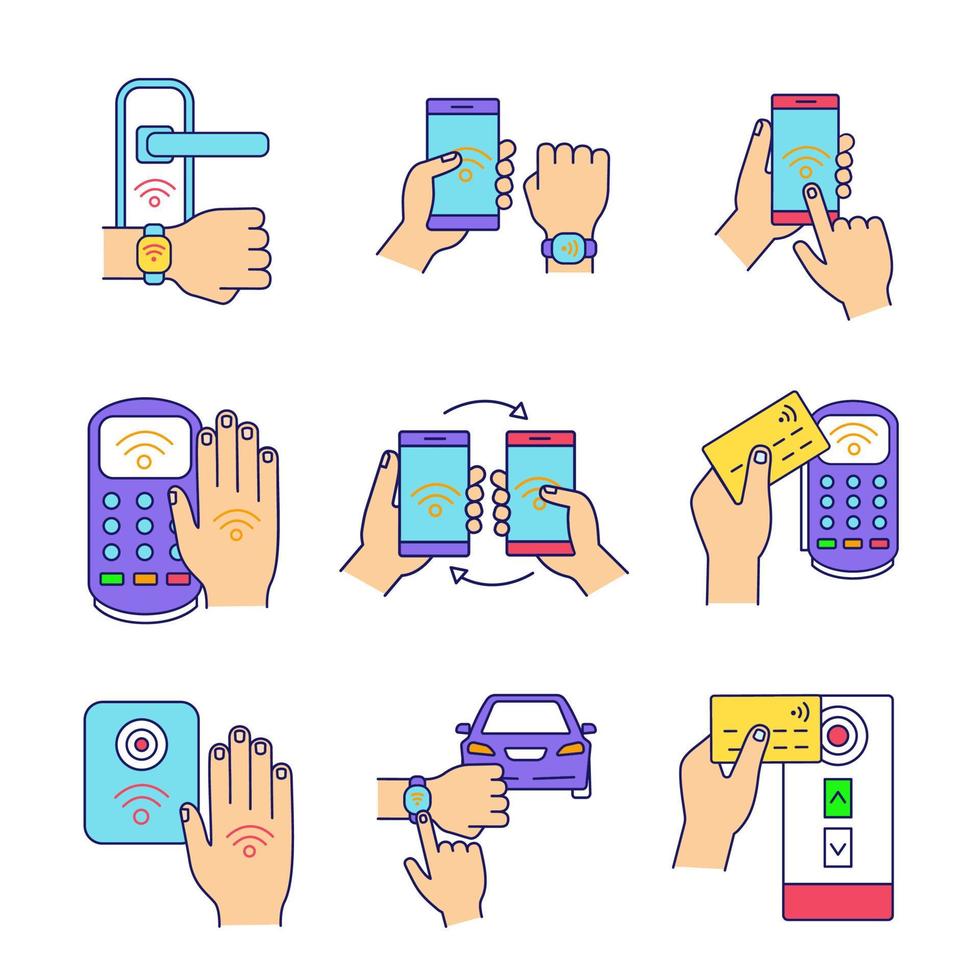 NFC technology color icons set. NFC bracelet, door lock, data transfer, smartphone, car. Near field communication. Contactless payment. Isolated vector illustrations