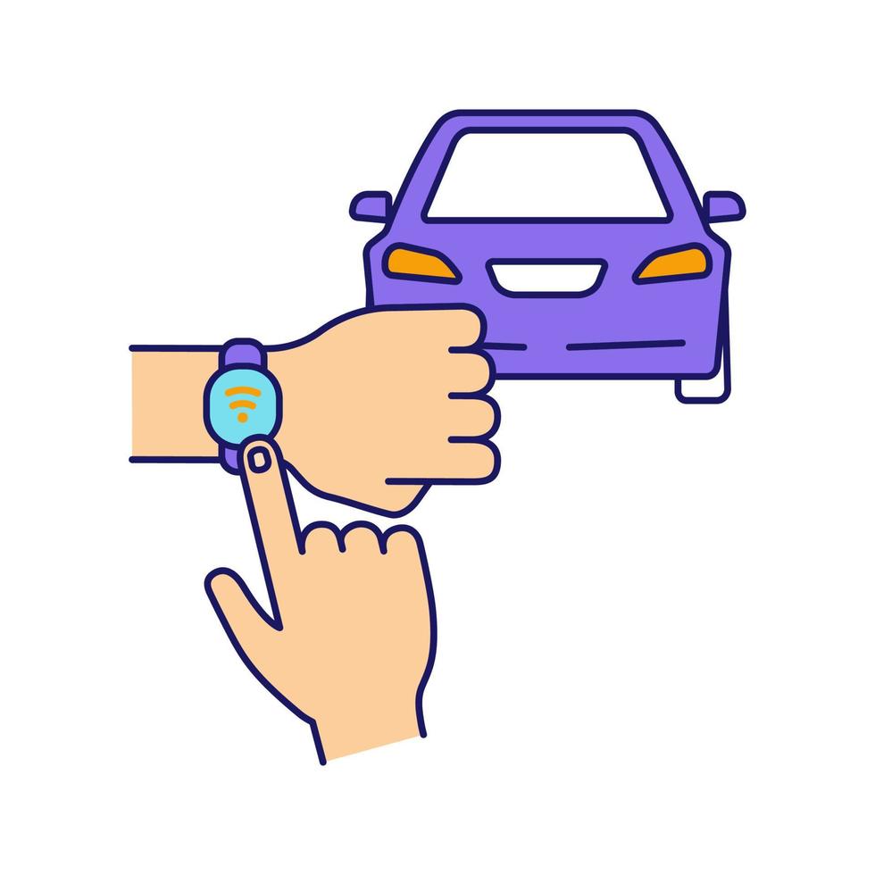 NFC car color icon. NFC bracelet auto key. Smart automobile. Near field communication auto control. Isolated vector illustration