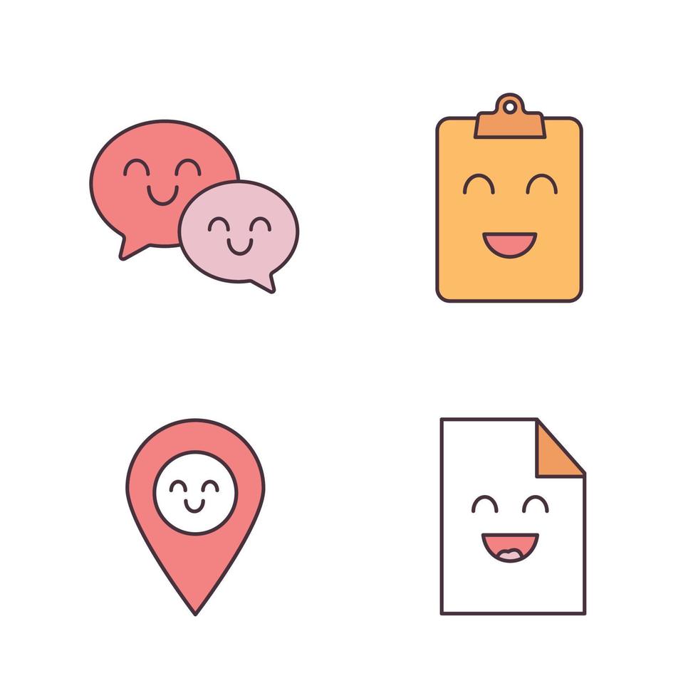 Smiling items color icons set. Characters. Happy speech bubbles, clipboard, map pinpoint, file. Isolated vector illustrations