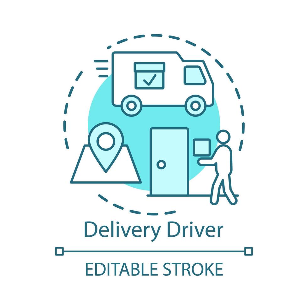 Delivery driver concept icon. Service worker idea thin line illustration. Express shipment, distribution. Delivery vehicle, truck. Cargo shipping. Vector isolated outline drawing. Editable stroke