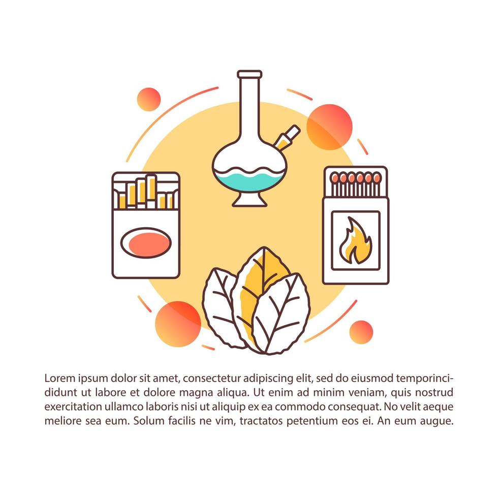 plantilla vectorial de página de artículo de la industria tabacalera. productos para fumar folleto, revista, elemento de diseño de folleto con iconos lineales y cuadros de texto. diseño de impresión. ilustraciones conceptuales con espacio de texto vector