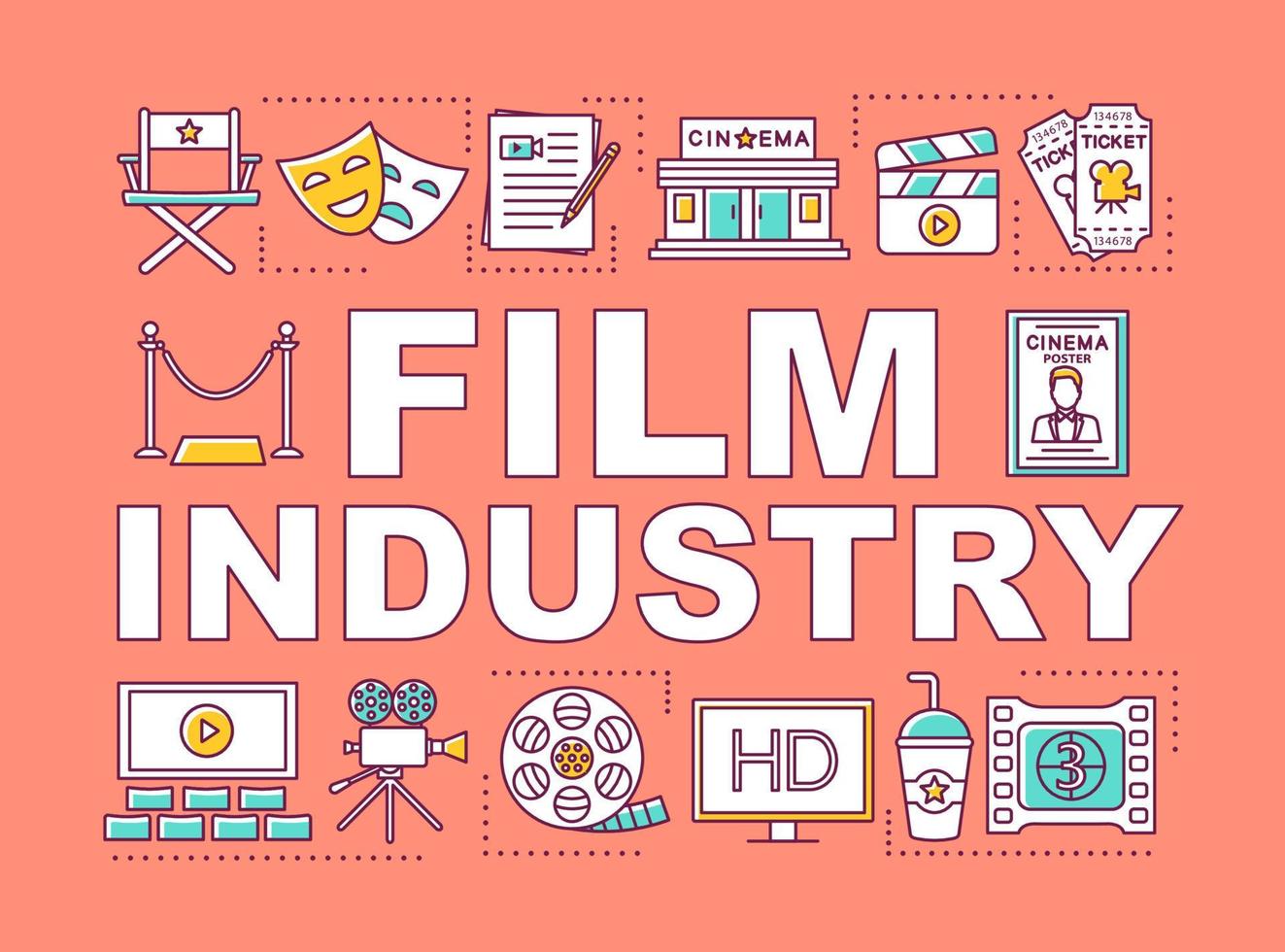 Film industry word concepts banner. Show business. Cinema production and distribution. Presentation, website. Isolated lettering typography idea with linear icons. Vector outline illustration