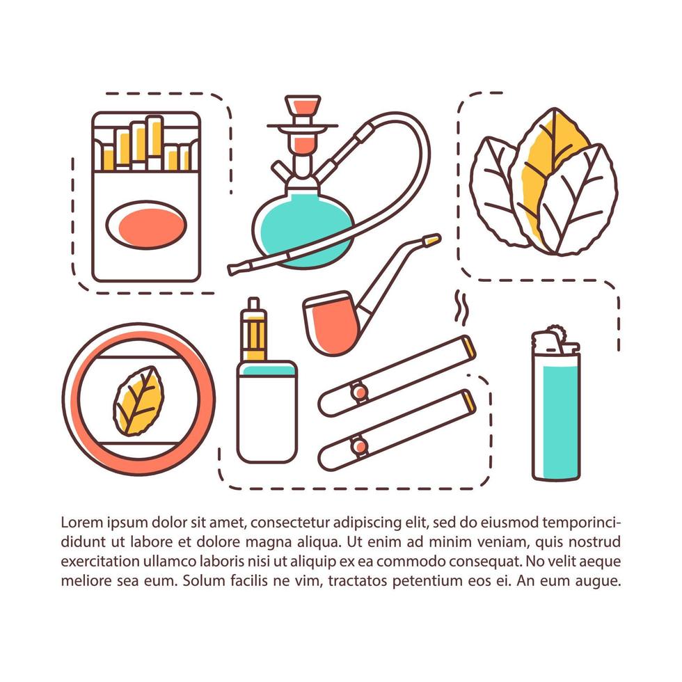 Tobacco industry article page vector template. Smoking products. Brochure, magazine, booklet design element with linear icons and text boxes. Print design. Concept illustrations with text space