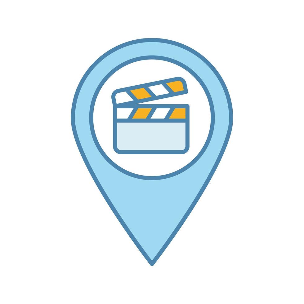 Film locations color icon. Movie map. Movie theater location. Film producing places. Map pinpoint with clapper board inside. Isolated vector illustration