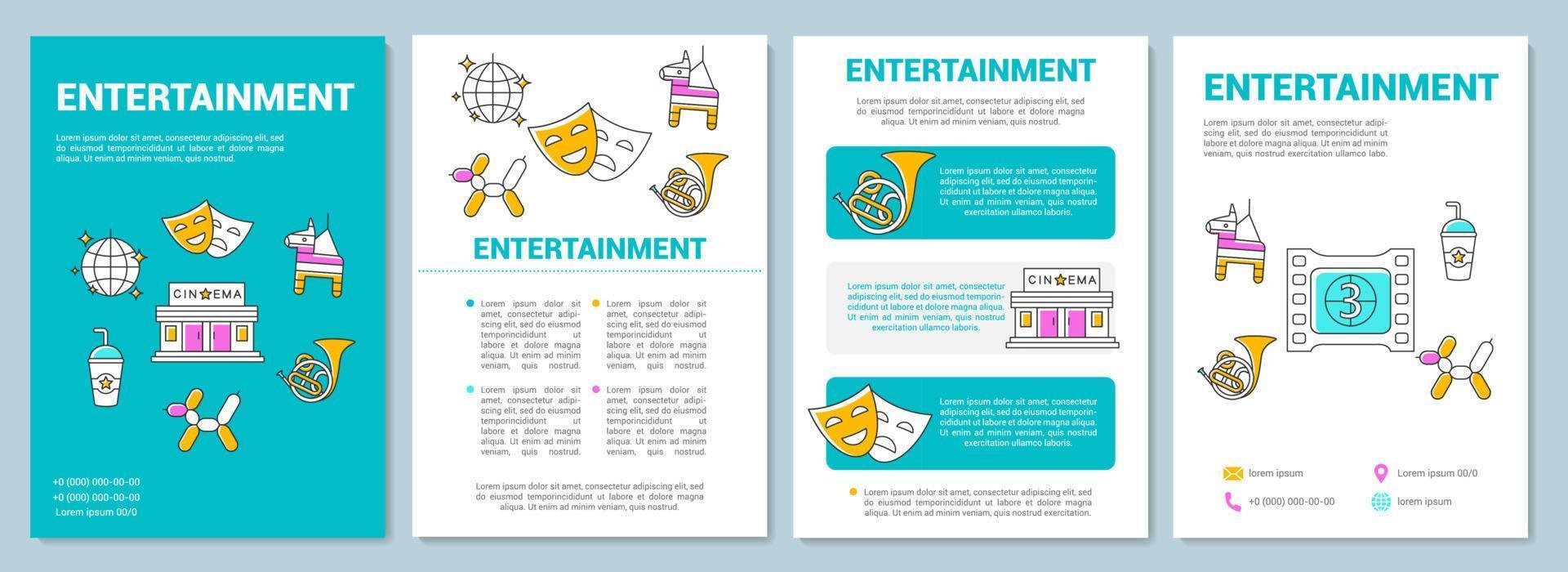 Entertainment industry template layout. Cinema, music and events. Flyer, booklet, leaflet print design with linear illustrations. Vector page layouts for magazines, annual reports, advertising posters