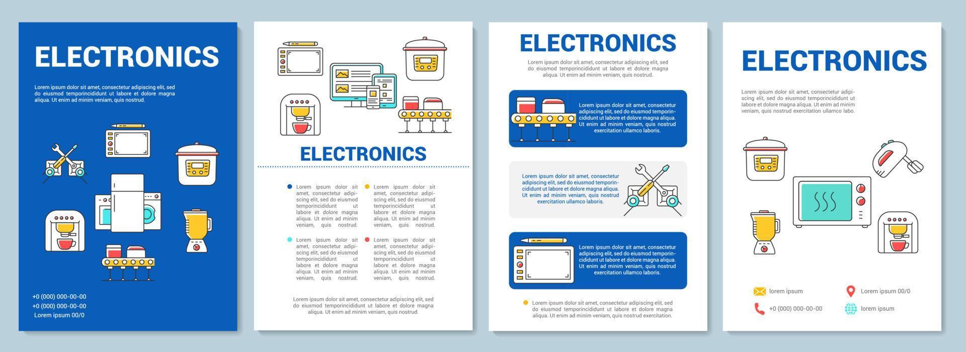 Diseño de plantilla de folleto de industria electrónica. producción tecnológica. folleto, folleto, diseño de impresión de folletos con ilustraciones lineales. diseños de páginas vectoriales para revistas, informes anuales, carteles publicitarios vector