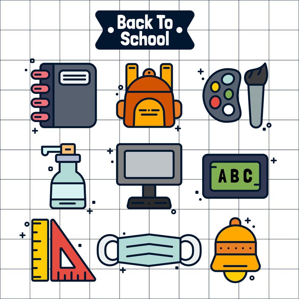 Set Of Back To School Filled Outline Icon in Pandemic With Background Tumblr and Memphis Element vector