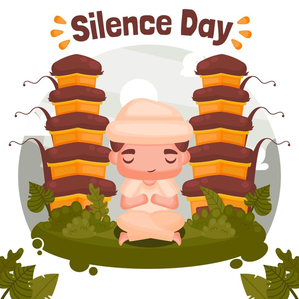 Cute Character Sitting Praying To Commemorate Nyepi Day or Silence Day In Front Of A Hindu Temple In Bali Illustration Vector