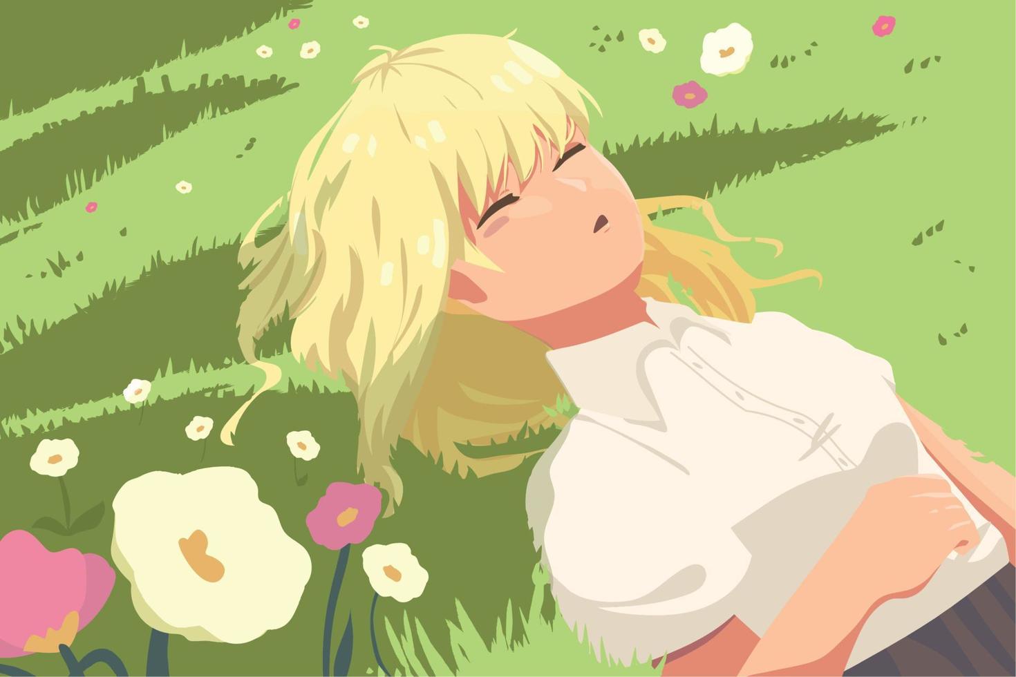 chica anime descansando en el campo vector