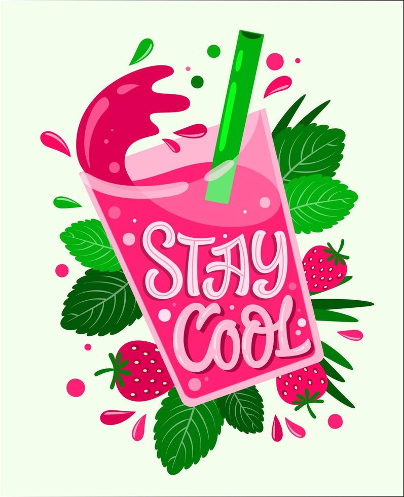 Bright vector image with fresh juice in glass and strawberries