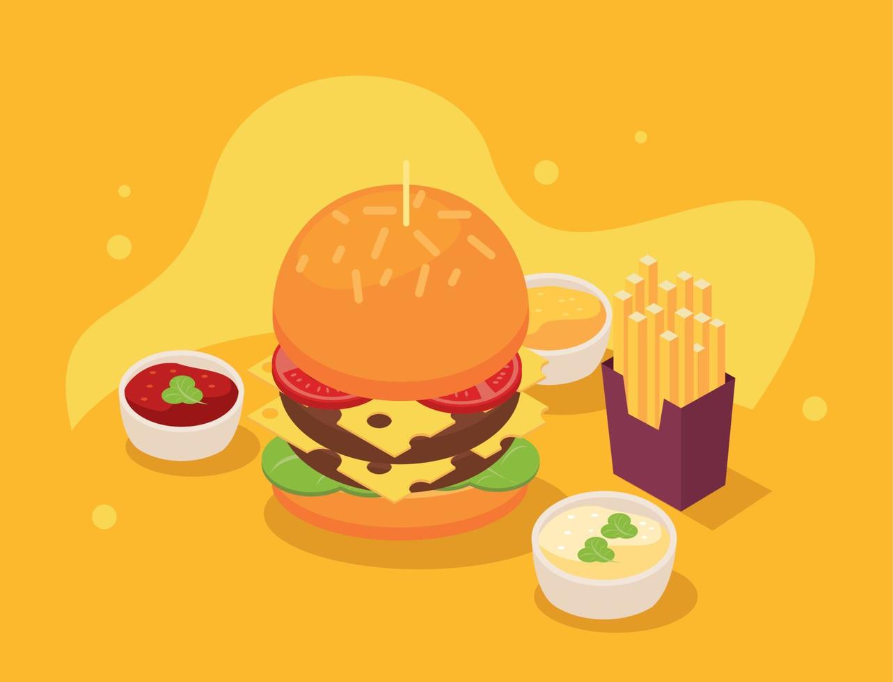 isometric burger and sauces vector