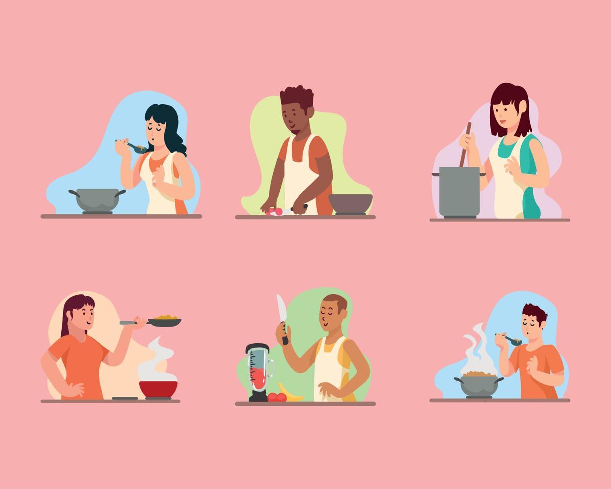 six persons cooking characters vector