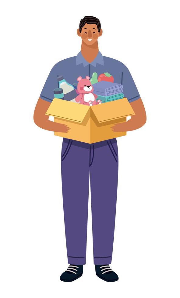 young man lifting donations box vector